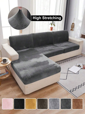 1pc Solid Color Silver Fox Velvet Stretch Sofa Seat Cushion Cover, Dust-Proof Decorative Protective Cover, Suitable For Hotel, Bedroom, Dark Gray, Black, Champagne